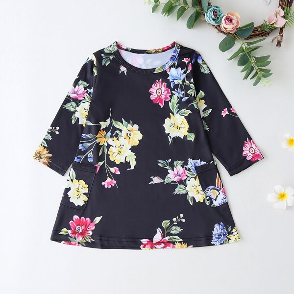 

Toddler Girls Floral Print Tee Dress, Black
