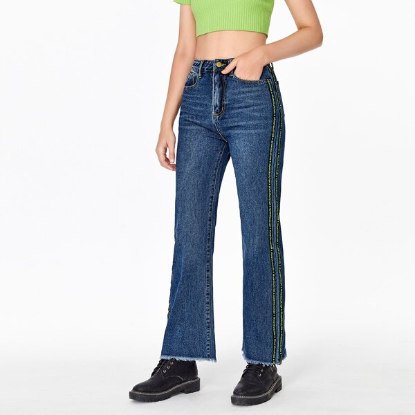

Letter Graphic Striped Side Raw Hem Jeans, Medium wash