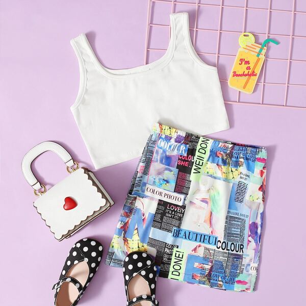 

Girls Crop Tank Top & Newspaper Print Skirt Set, Multicolor