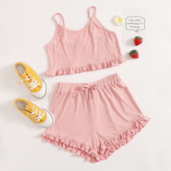 

Girls Ribbed Heathered Knit Top & Shorts PJ Set, Baby pink