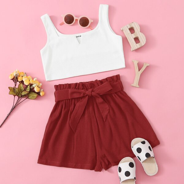 

Girls Notched Neck Tank Top & Paperbag Waist Shorts Set, Multicolor