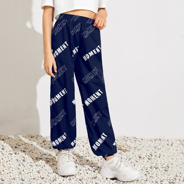 

Girls Letter Graphic Windbreaker Pants, Navy blue