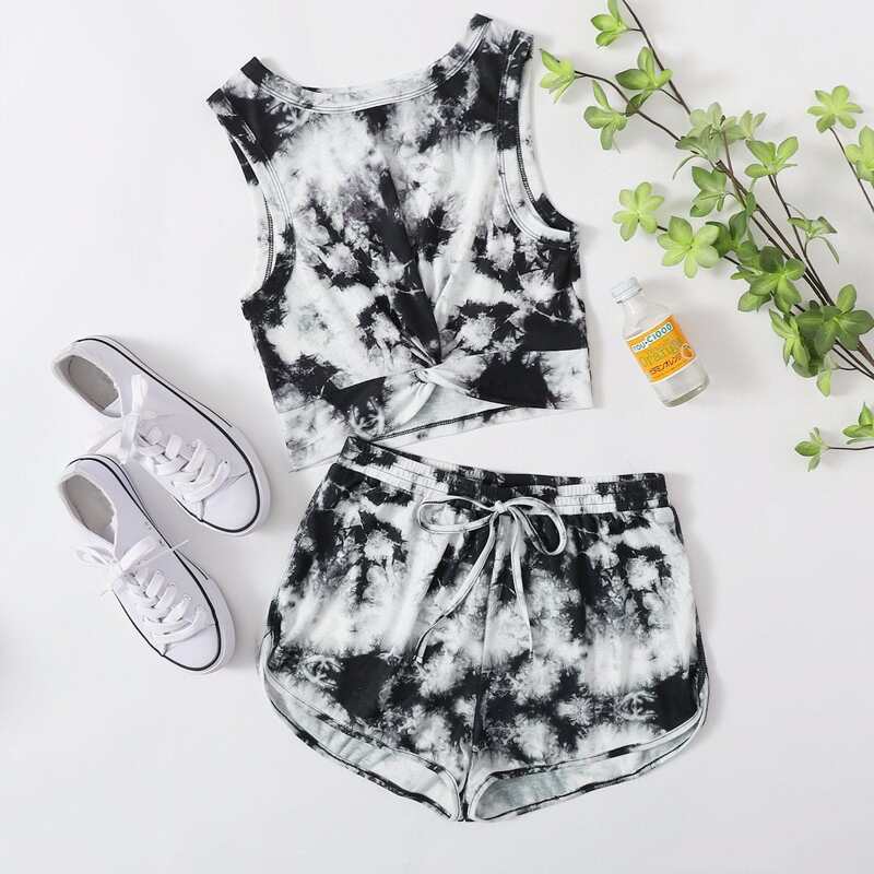 

Twist Hem Tie Dye Tank Top & Shorts Set, Black and white