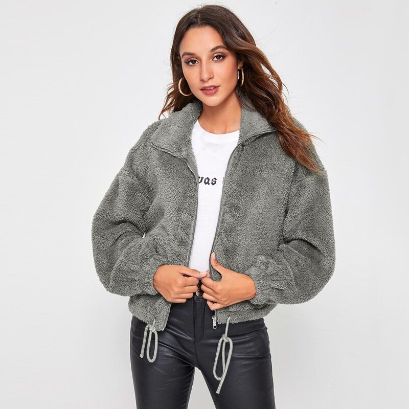 

Drawstring Hem Teddy Jacket, Grey