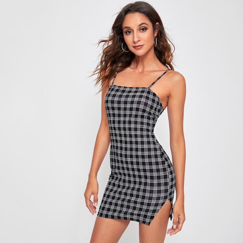 

Split Side Fitted Plaid Cami Dress, Black