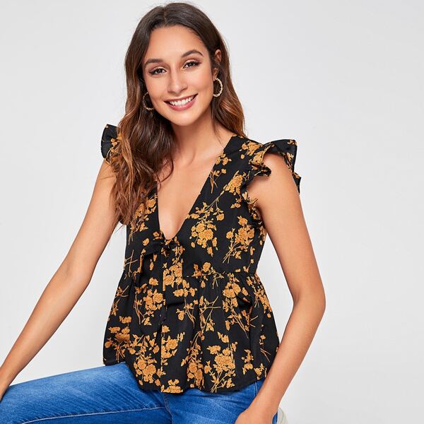 

Ruffle Armhole Knot Front Floral Babydoll Top, Black