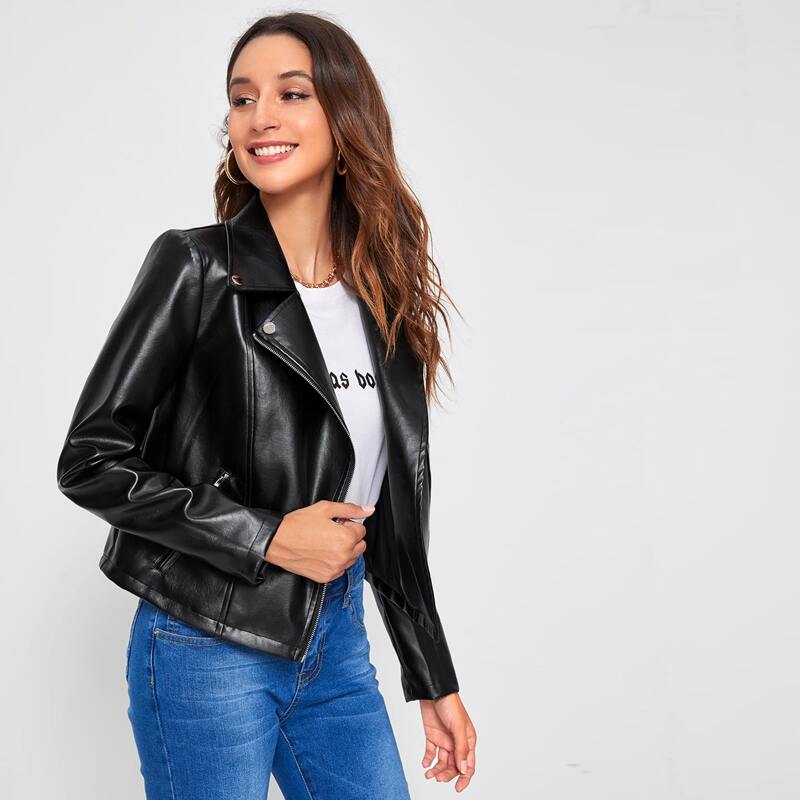 

Zipper Fly PU Leather Moto Jacket, Black