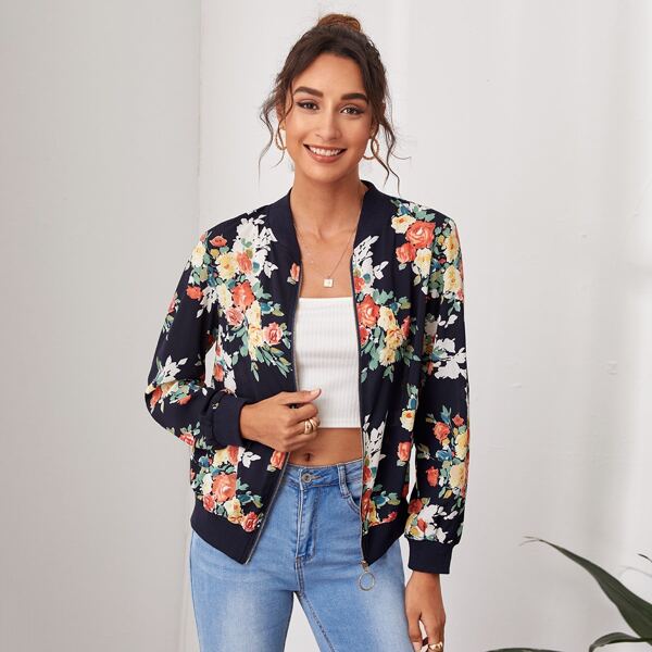 

Floral Print O-ring Zipper Fly Jacket, Multicolor