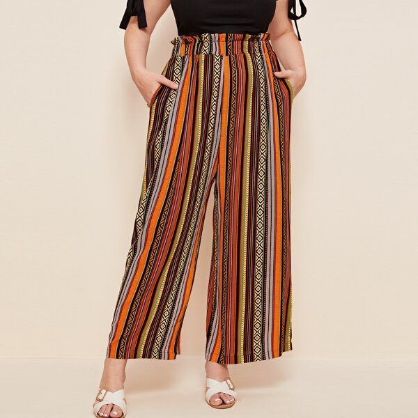 

Plus Frill Waist Striped Wide Leg Pants, Multicolor