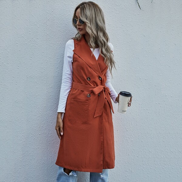 

Solid Lapel Collar Belted Vest Coat, Burnt orange