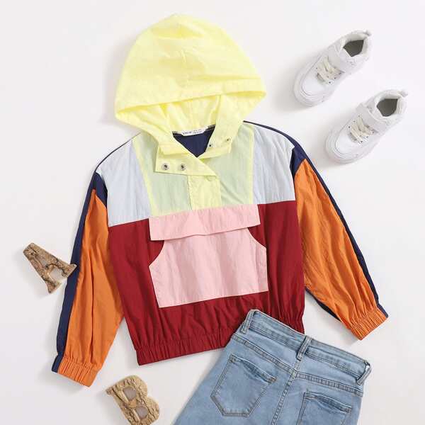 

Girls Color Block Kangaroo Pocket Hooded Sunproof Jacket, Multicolor