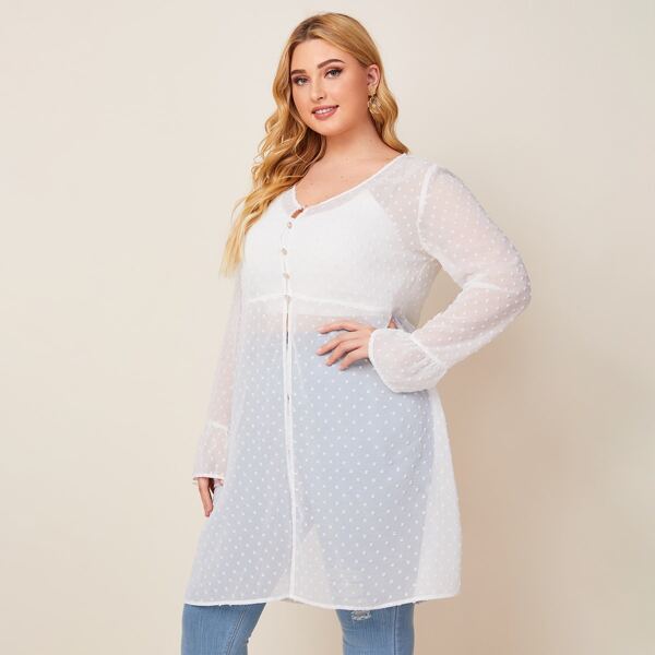 

Plus Button Front Swiss Dot Top, White
