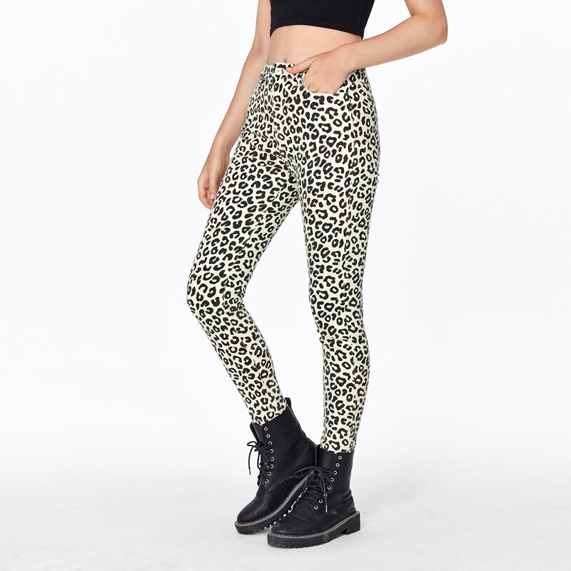 

High Waist High Stretch Leopard Slant Pocket Jeans, Beige