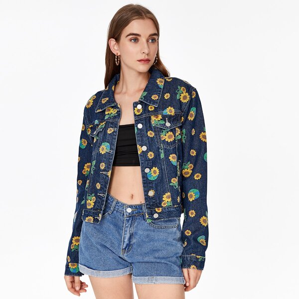 

Button Front Sunflower Print Denim Jacket, Navy blue