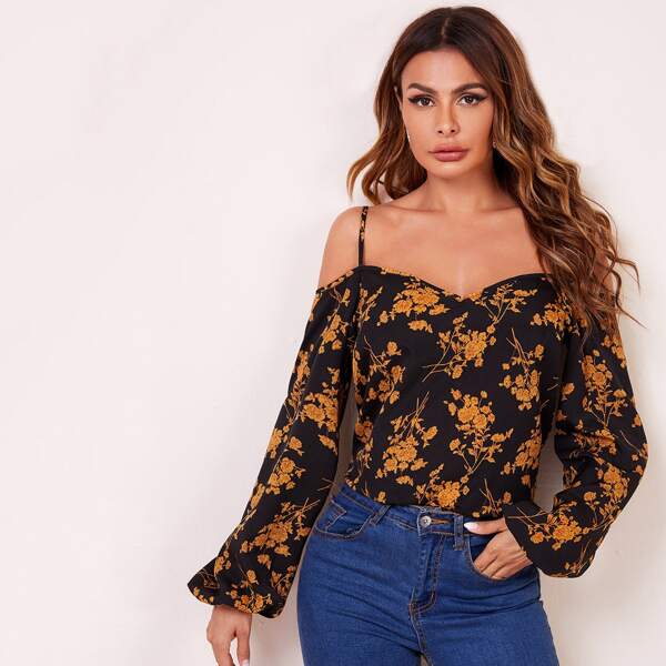 

Cold Shoulder Bishop Sleeve Floral Top, Multicolor