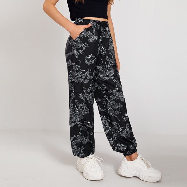 

Girls Dragon Print Drawstring Waist Slant Pocket Pants, Black