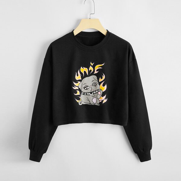 

Cartoon Dog Graphic Crop Sweatshirt, Black