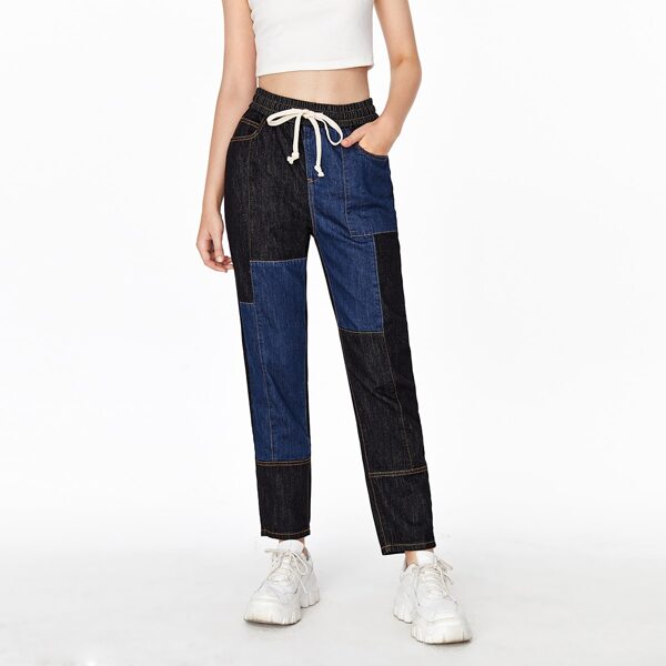 

Drawstring Waist Slant Pocket Color Block Jeans, Black