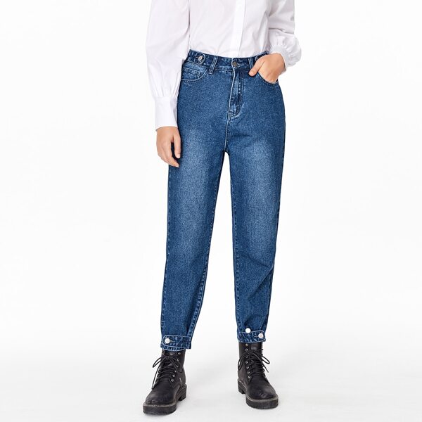 

High Waisted Slant Pocket Button Hem Jeans, Medium wash