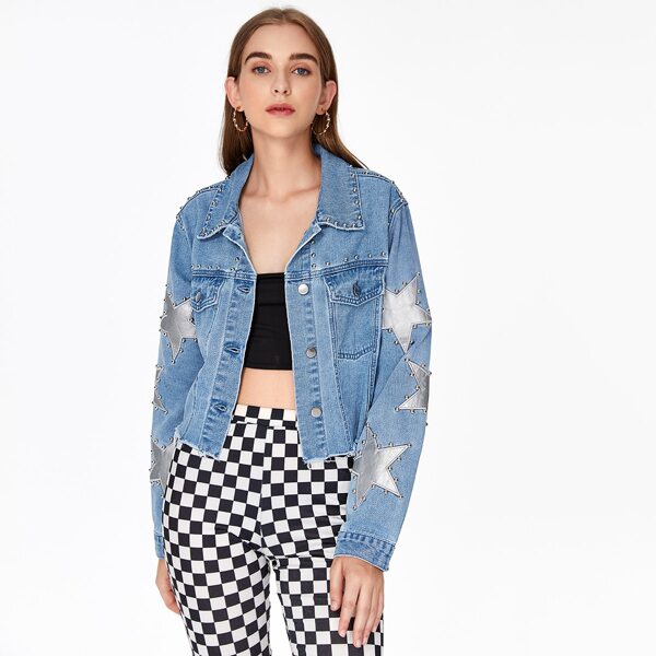 

Button Front Raw Hem Star Panel Denim Jacket, Medium wash