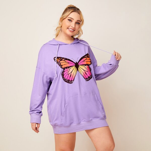 

Plus Drop Shoulder Butterfly Print Drawstring Hoodie, Pastel lilac purple