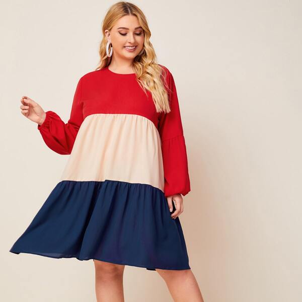 

Plus Lantern Sleeve Colorblock Smock Dress, Multicolor