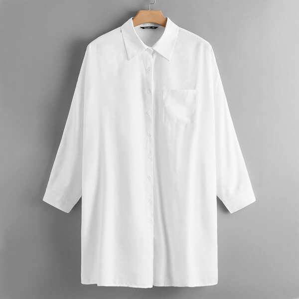 

Plus Button Front Pocket Front Shirt Dress, White