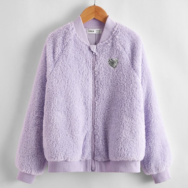 

Girls Sequin Patched Teddy Bomber Jacket, Pastel lilac purple