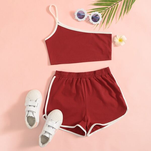 

Girls Contrast Binding One Shoulder Top and Dolphin Shorts Set, Burgundy