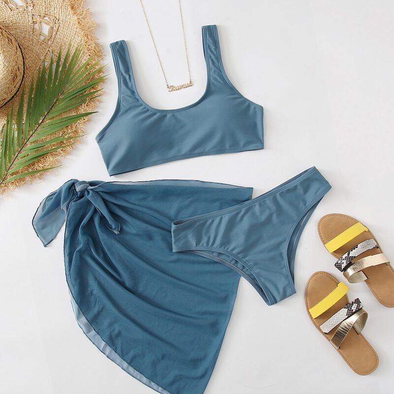 

3pack Solid Bikini Swimsuit & Mesh Beach Skirt, Dusty blue