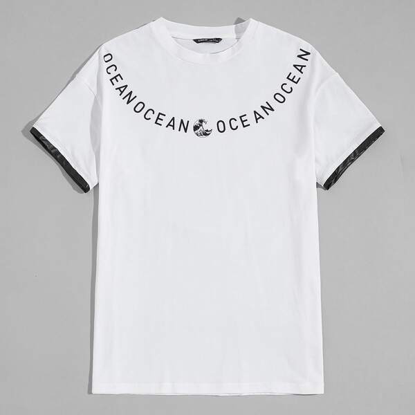

Men Drop Shoulder Contrast Cuff Letter Graphic Tee, White