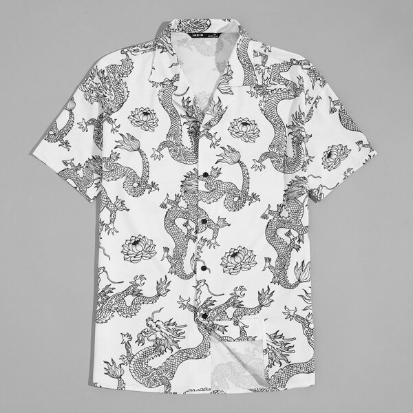 

Men Notch Collar Chinese Dragon Print Shirt, White