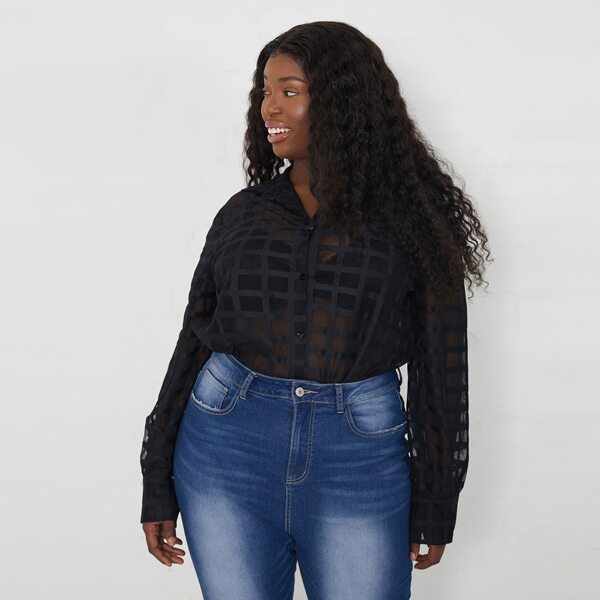 

Plus Plaid Sheer Blouse, Black