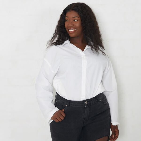 

Plus Drop Shoulder Button Up Blouse, White