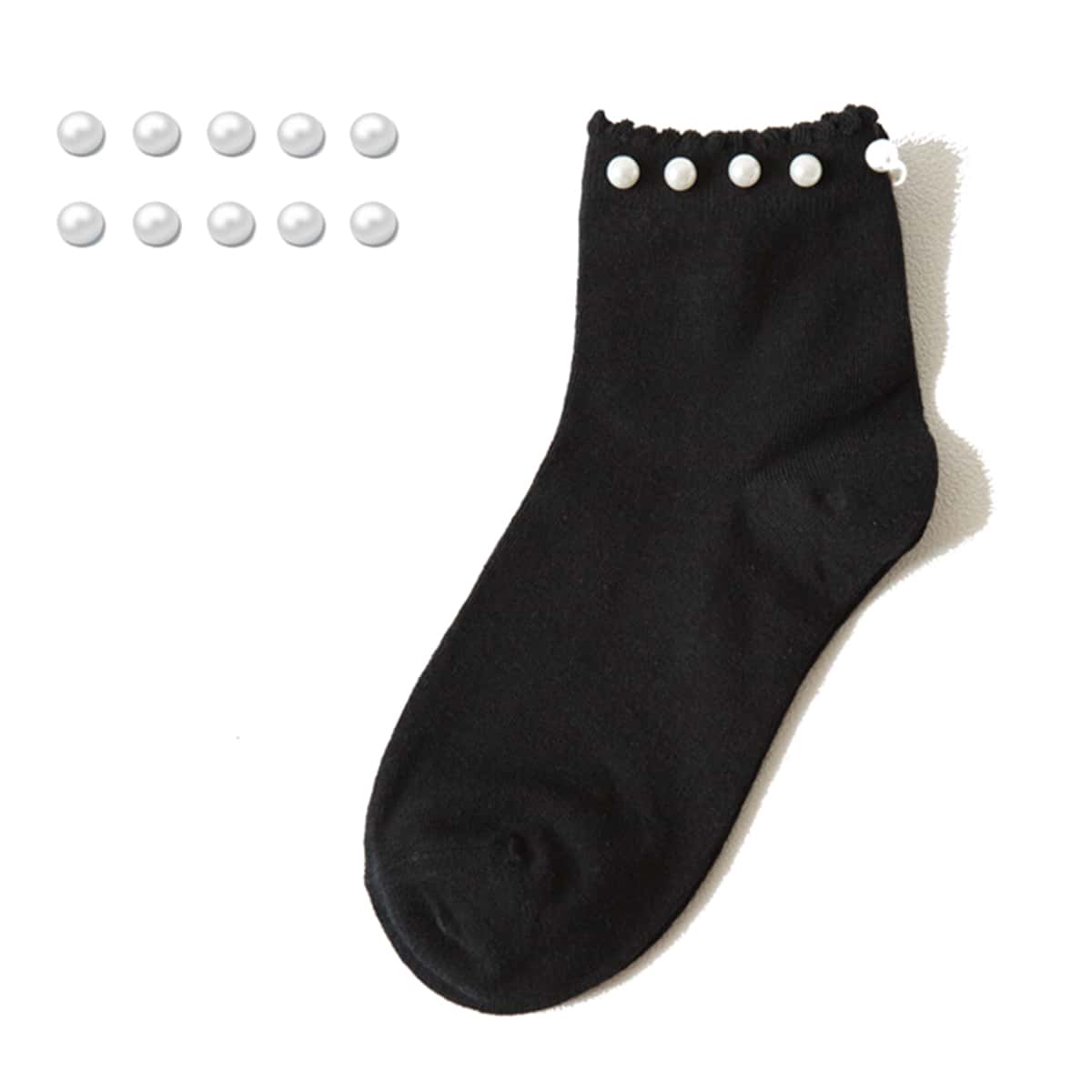 

1pair Faux Pearl Socks, Black