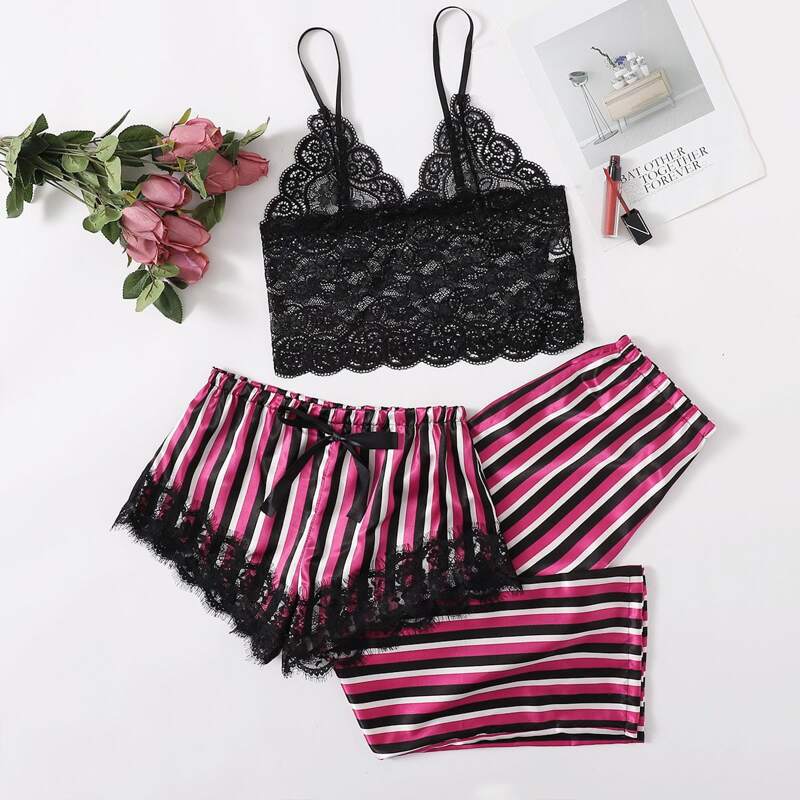 

3pcs Lace Panel Striped Cami Satin Night Set, Multicolor
