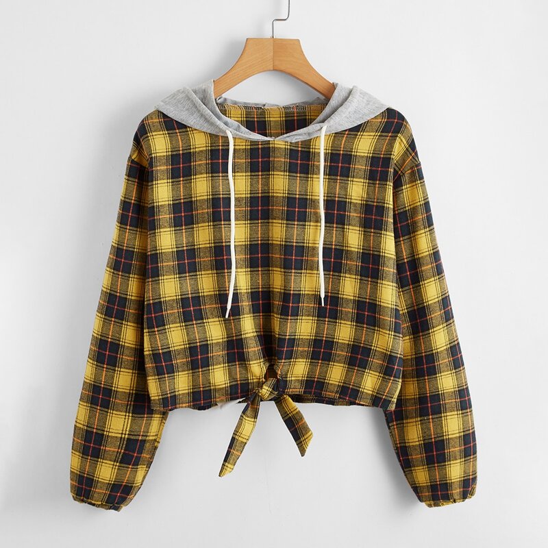 

Plaid Knot Hem Hooded Sweatshirt, Multicolor
