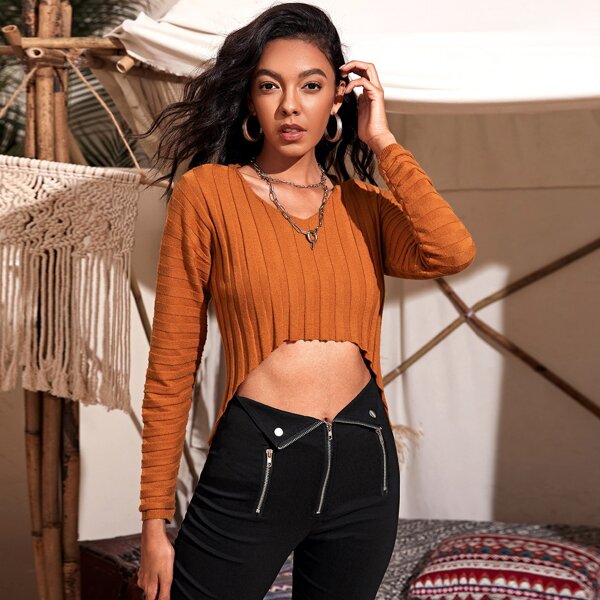 

Solid Ripped Asymmetrical Hem Crop Sweater, Brown