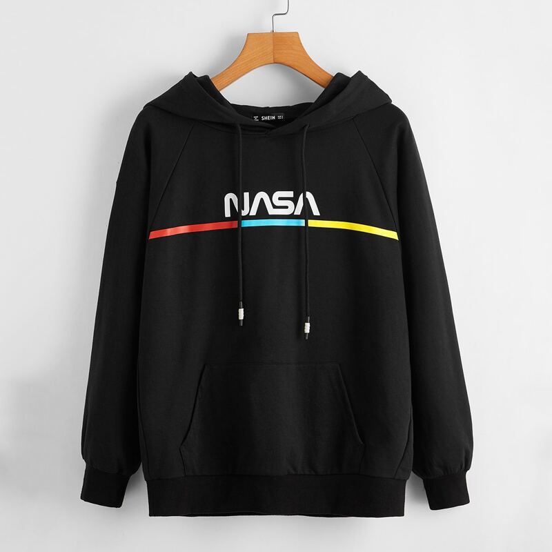 

Letter Graphic Drawstring Kangaroo Pocket Hoodie, Black