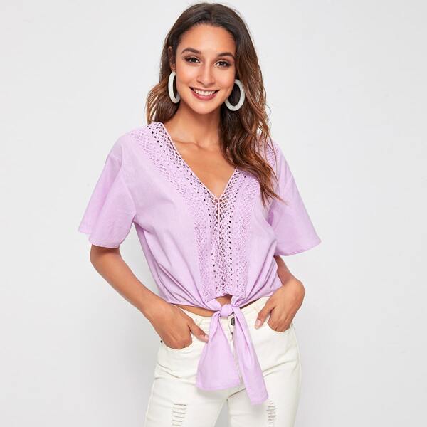 

Drop Shoulder Guipure Lace Trim Knot Hem Top, Pastel lilac purple