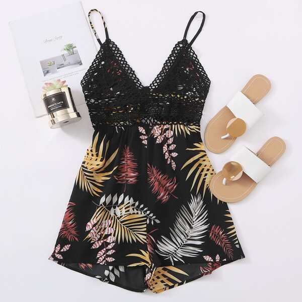 

Plus Guipure Lace Bodice Tropical Cami Romper, Black