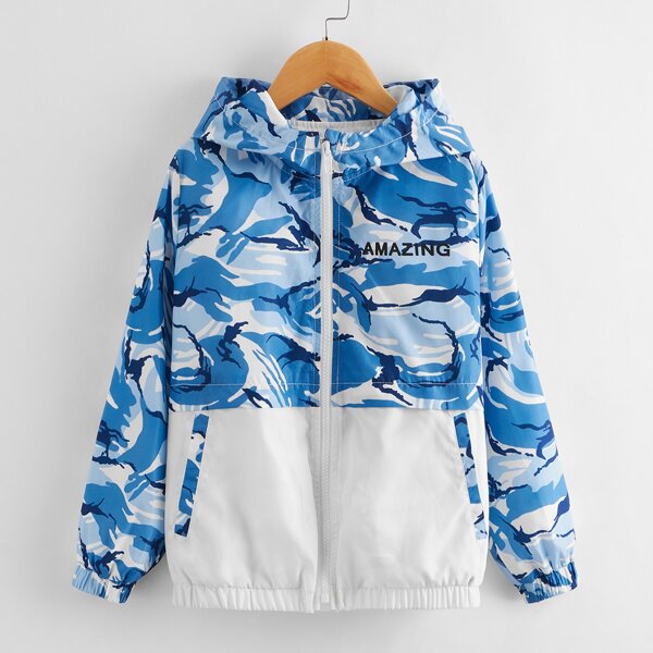 

Boys Letter Graphic Camo Panel Zip Up Hooded Wind Jacket, Blue and white