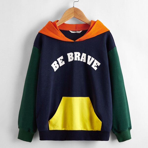

Boys Slogan Graphic Drop Shoulder Colorblock Hoodie, Multicolor