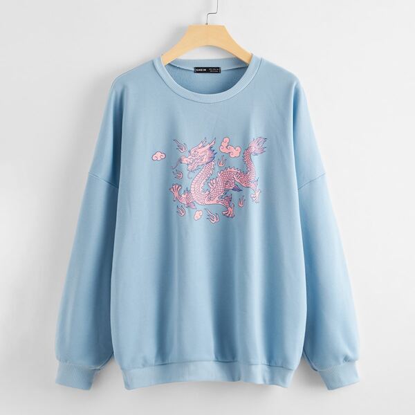 

Dragon Graphic Drop Shoulder Sweatshirt, Baby blue