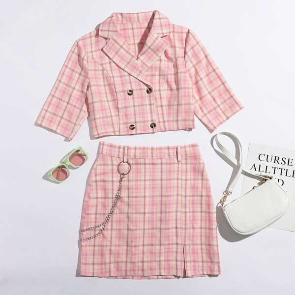 

Double Button Plaid Print Top & Chain Detail Skirt Set, Baby pink
