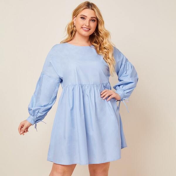 

Plus Knotted Cuff Lantern Sleeve Smock Dress, Pastel baby blue