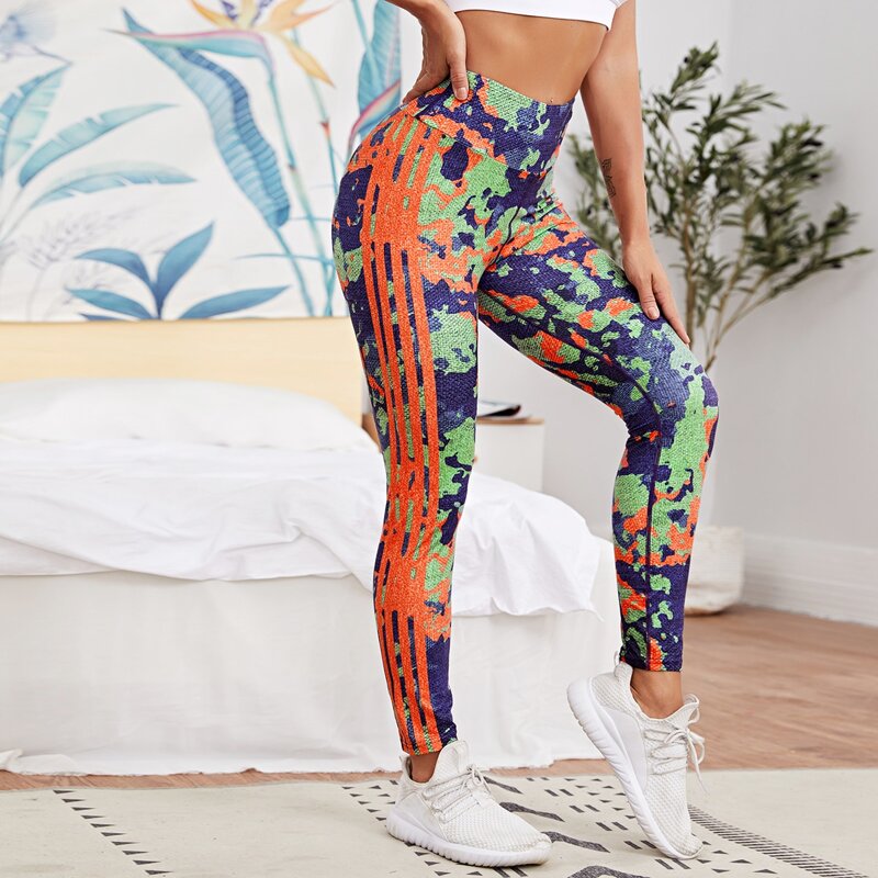 

Camo & Striped Side Sports Leggings, Multicolor