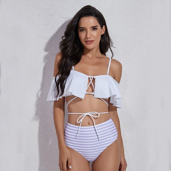 

Striped Flounce High Waisted Bikini Swimsuit, White