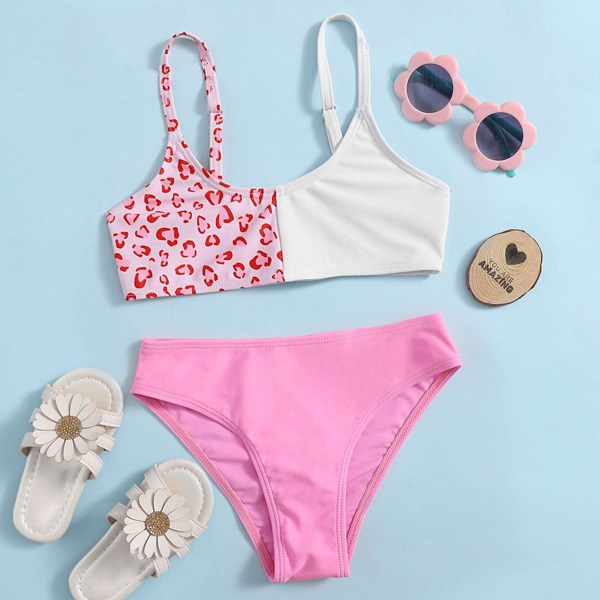 

Girls Contrast Leopard Bikini Swimsuit, Pink