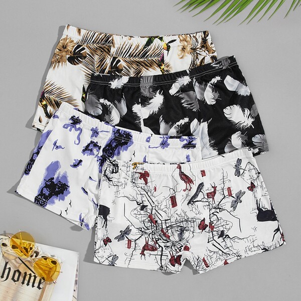 

Men 4pcs Feather & Tropical Print Boxer Brief, Multicolor